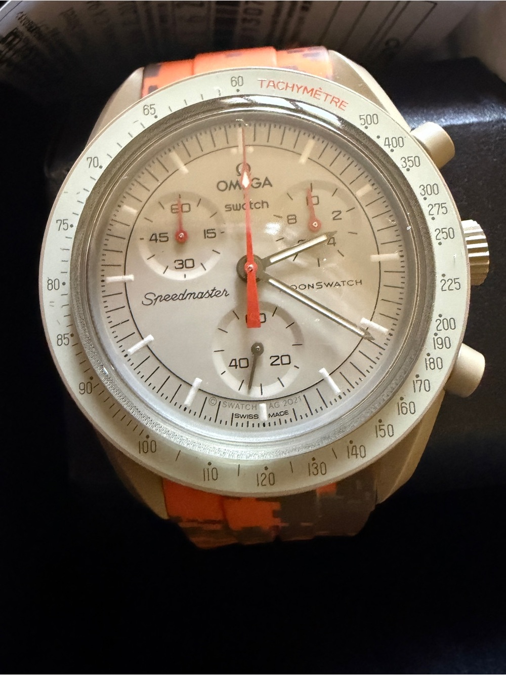 Omega x Swatch Speedmaster MoonSwatch Mission to Jupiter with orange strap